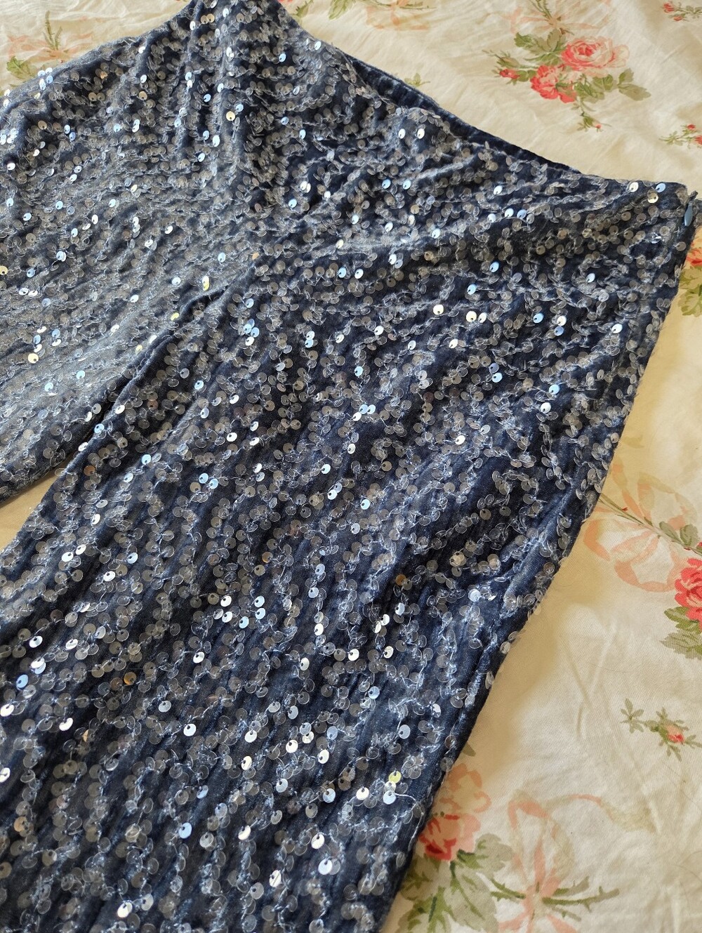 NEW Zara Blue Velvet Sequin Split Hem wide leg pants Sz S Mermaidcore Y2K - Picture 2 of 14